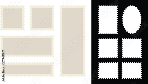 Foto Vintage postage stamp templates with perforated edges, blank mail stamp frames s