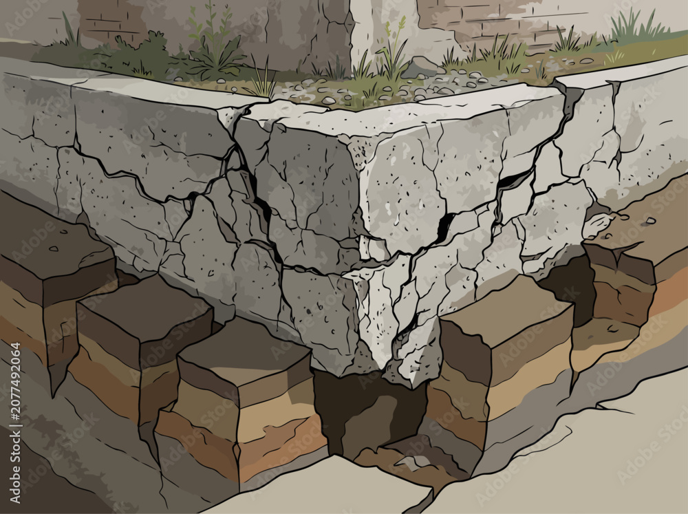 Fotografie Cracked concrete wall reveals eroding foundation