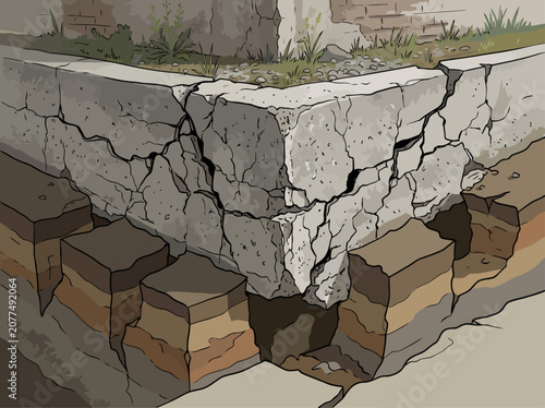 Obraz na plátně Cracked concrete wall reveals eroding foundation