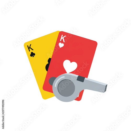 Stylized yellow and red cards overlapping with a silver whistle, clean geometric shapes, representative of game rules, minimalist flat vector artwork, clipart style, absolute solid block colors,