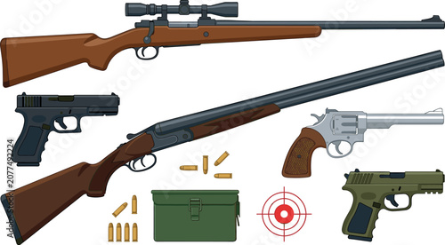 PrintFirearms and Weapons Vector Illustration Set Featuring Rifles, Shotguns, Handguns, Ammunition, Scope, Target, and Ammo Box on White Background