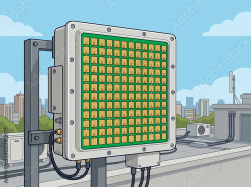 Принти на полотні A modern 5G transmitter array with phased antenna technology is mounted on a rooftop, overlooking a city skyline