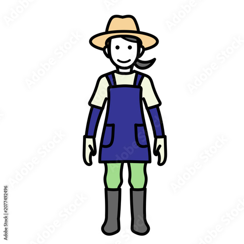 麦わら帽子とエプロンを身につけて笑顔で立つ若い女性の農家｜家庭菜園や農業のイメージに最適な白背景のベクターイラスト