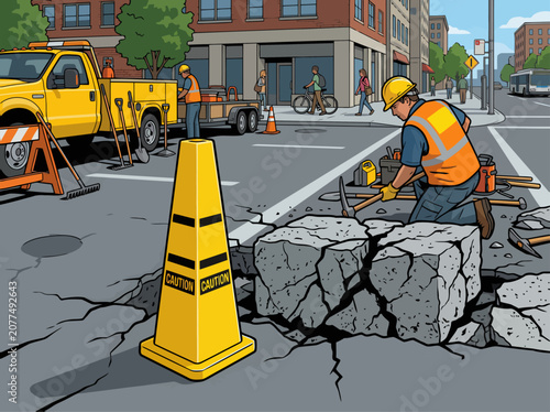 Bild auf Leinwand Public works crew repairs a cracked street