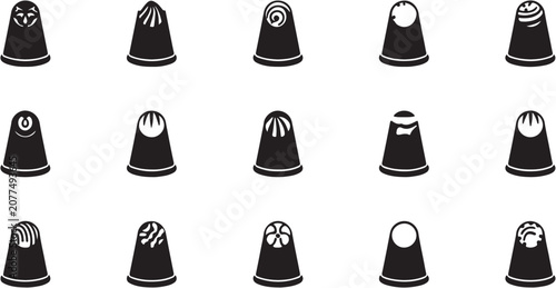 Foto Collection of black thimble icons on white background.