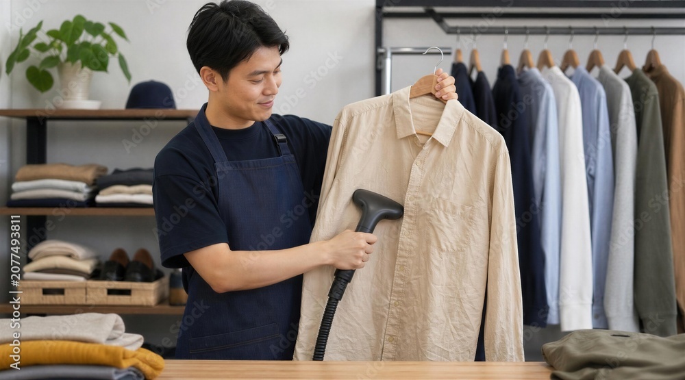 Fototapeta premium Man Steaming Shirt for Wrinkle-Free Garment Care Service