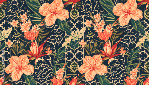 Obraz na płótnie Vibrant tropical floral pattern with large orange hibiscus-like flowers, red spiky blooms, and lush green foliage on a dark, ornate background