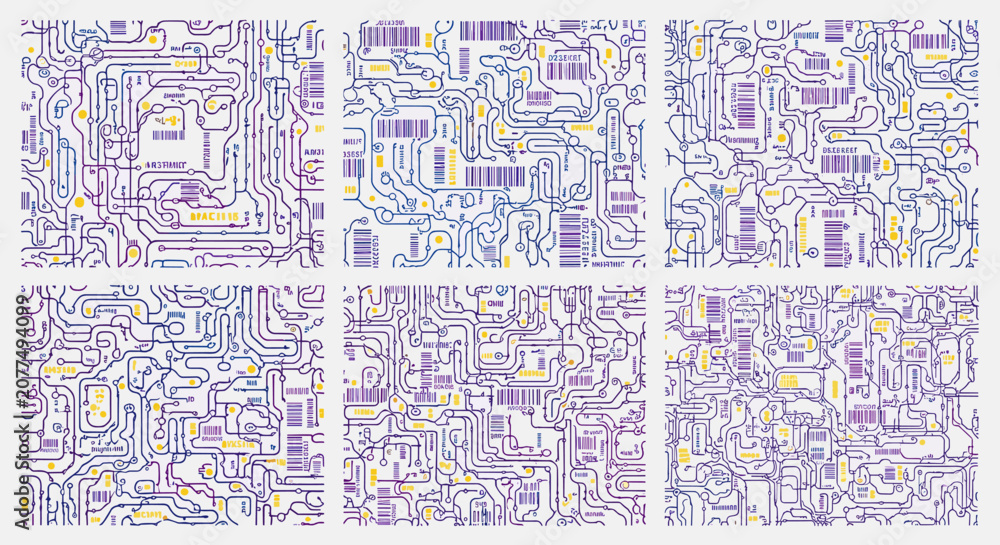 Fototapeta premium Precision Micro-Industrial Biological Ledger with Technical Marks and Dots. Industrial Biological Seamless Pattern Technical Lines Blue Purple Yellow