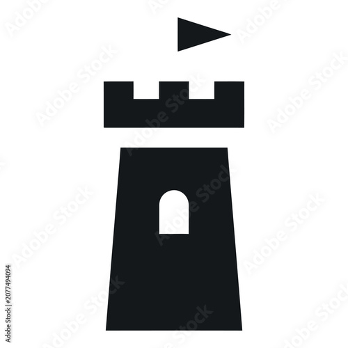 Simple iconic medieval castle tower with flag and window silhouette icon