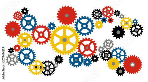 Schilderij op canvas Colorful interlocking gears arrangement on white background, mechanical concept