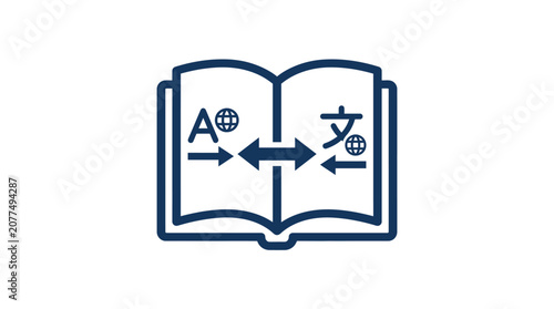 Photography Open book with translation symbols, language learning, international communicati
