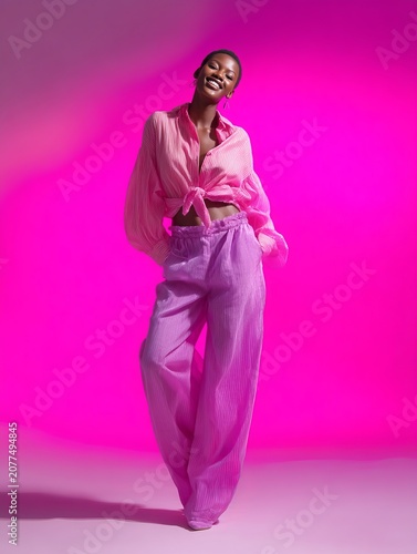 Stylish woman in vibrant pink attire smiling against a bright background showcasing fashion trends and contemporary style. Perfect for fashion marketing and editorial use. Generative AI