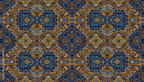 Foto Intricate and ornate symmetrical damask pattern in deep blue and golden yellow hues, evoking a sense of luxury and historical richness