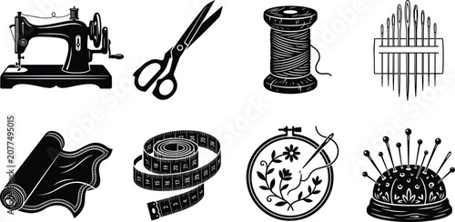 Photos Black sewing and tailoring silhouettes vector icon set featuring vintage sewing