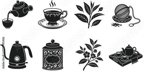 Bild auf Leinwand Black tea time silhouettes vector icon set featuring teapot teacup electric kett
