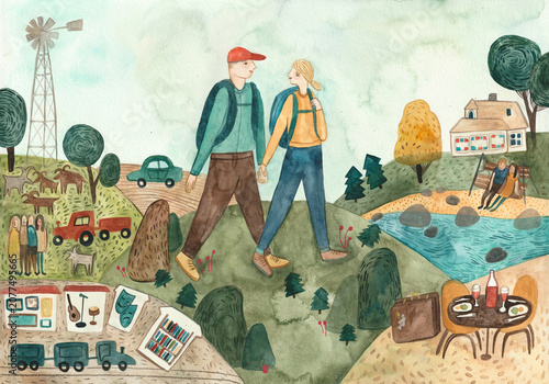 A couple walking together through fields and nature