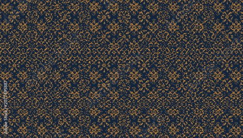Foto Intricate golden-brown ornamental pattern on a dark blue background, resembling a luxurious textile or wallpaper design
