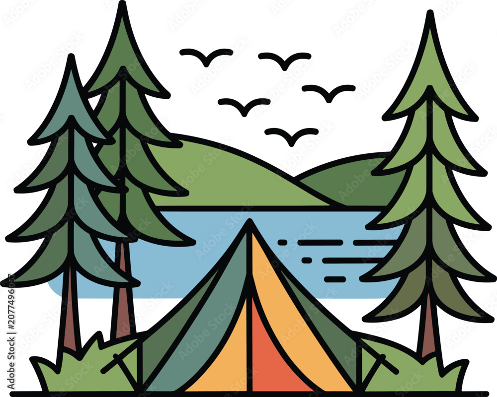 Obraz premium Camping in the forest landscape vector on white background.