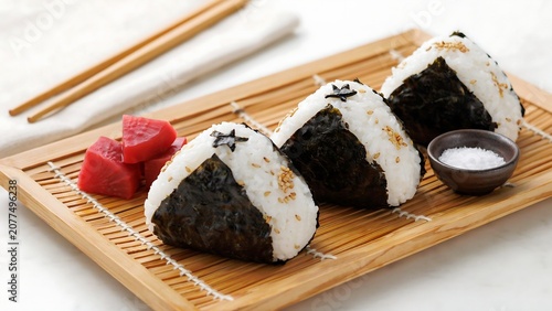 Japanese triangular sushi onigiri with seaweed and sesame seeds on bamboo plate