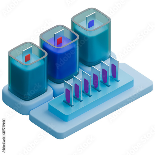 Manual Blood Smear Staining Jar Set and Glass Slides on Laboratory Workstation 3D Illustration.