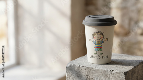 A reusable ceramic coffee mug with a silicone lid and a child's drawing sits on a concrete podium in a cozy interior