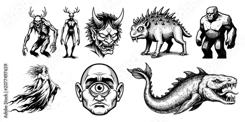 Foto Mythological Monsters and Dark Fantasy Creatures Collection, Set of Folklore Hor