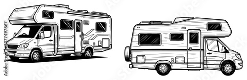 Fotografie Modern Camper Van and Motorhome Set for Camping and Travel, Vintage Engraving St