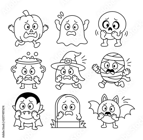 Cute Halloween Scared Monster Characters Vector Line Art Set For Coloring Book