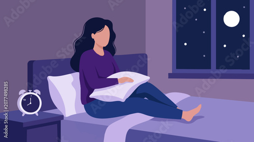 Photos Woman suffering from insomnia sitting on bed at night looking at moon