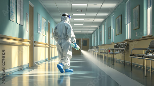 A healthcare worker in a protective suit disinfects a hospital hallway with a sprayer.