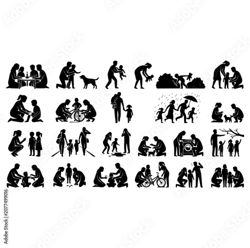 Professional modern family silhouette vector set for daily lifestyle activities.