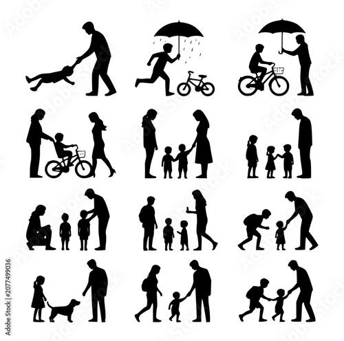 Professional modern family silhouette vector set for daily lifestyle activities.