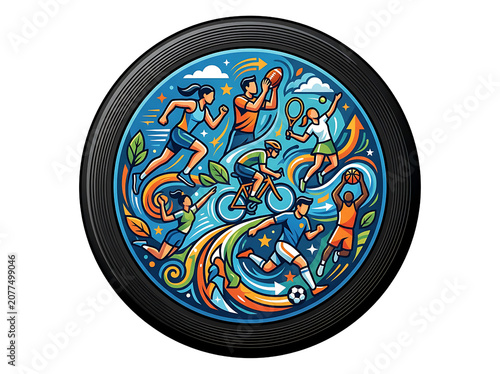 Vibrant Dynamic Sports Illustration with Various Athletes in Circle