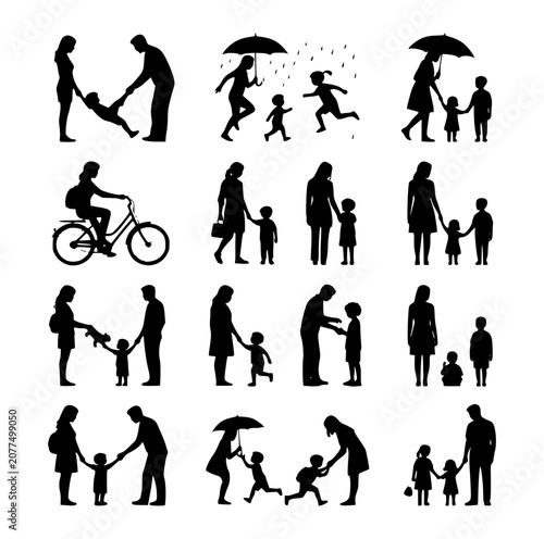 Professional modern family silhouette vector set for daily lifestyle activities.