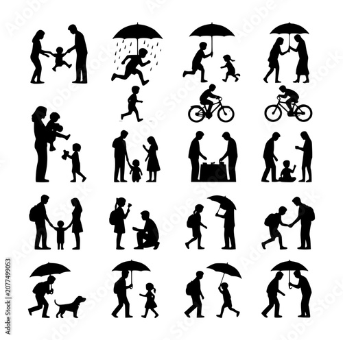 Professional modern family silhouette vector set for daily lifestyle activities.