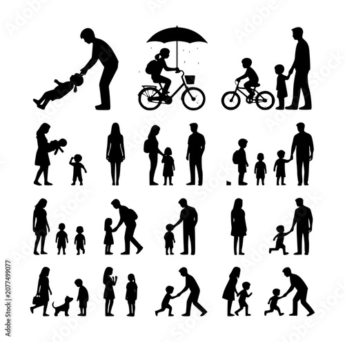 Professional modern family silhouette vector set for daily lifestyle activities.