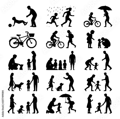 Professional modern family silhouette vector set for daily lifestyle activities.