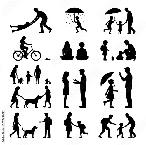 Professional modern family silhouette vector set for daily lifestyle activities.