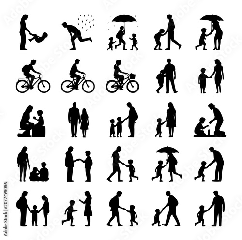 Professional modern family silhouette vector set for daily lifestyle activities.