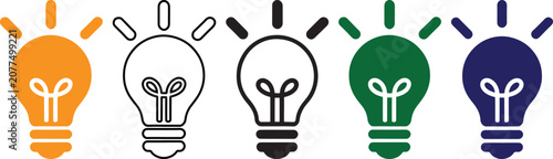 Colorful light bulb icons in orange green blue and black and white on white background for business concept