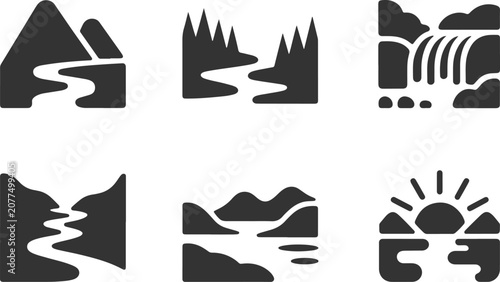 Set of six landscape icons with mountains rivers and sun
