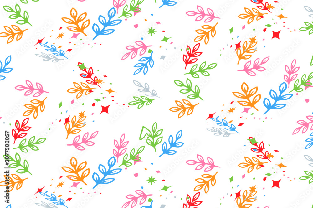 Fototapeta premium Colorful hand drawn leaf pattern, vibrant botanical branch background, whimsical floral vector illustration for gift wrap and textile design