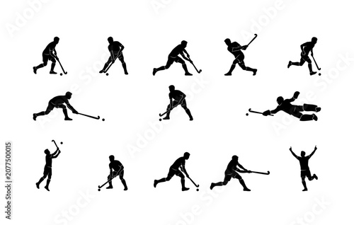 Cuadro en lienzo Dynamic collection of field hockey player silhouettes showcasing various actions including shooting passing defending tackling and celebrating game moments