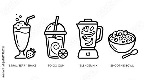 Photos Healthy Smoothie Icons: Shake, Iced Drink, Blender, and Bowl with Fruit