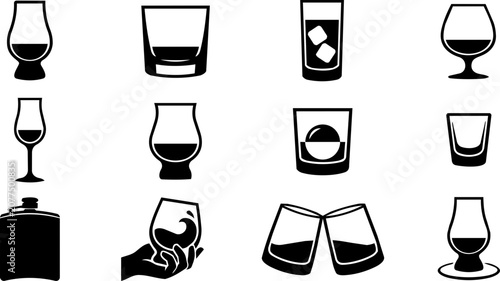 Whisky and Bourbon Glass Silhouette Icon Set with Tasting Glasses and Drinking Accessories