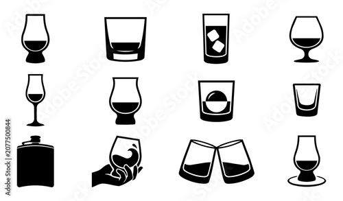 Whisky and Bourbon Glass Silhouette Icon Set with Tasting Glasses and Drinking Accessories