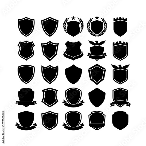 Shield icons collection set of black silhouette defensive heraldic shapes for security safety protection brand identity corporate badges military emblems heraldry armor isolated on white.