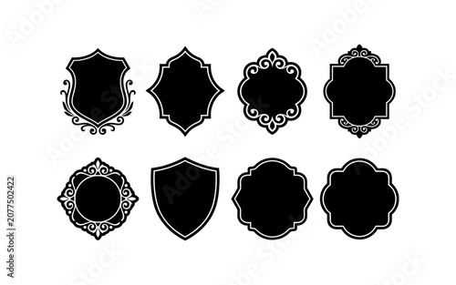 Vintage frame set of black decorative borders for luxury labels wedding invitations ornate certificate outlines boutique brand styling classic scrollwork filigree silhouettes over white.