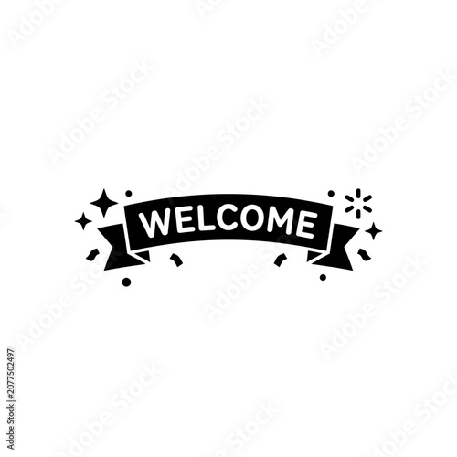 Welcome ribbon banner with confetti and stars, black vector illustration isolated on white background, design element for greeting cards and decoration.