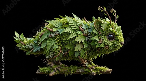 Whimsical Woodland Creature Side Profile Made of Green Moss and Fern Leaves